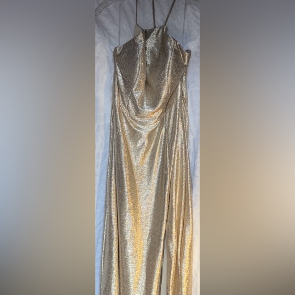 Hayley Paige Occasions Shimmering Gold Maxi Dress - Picture 4 of 8